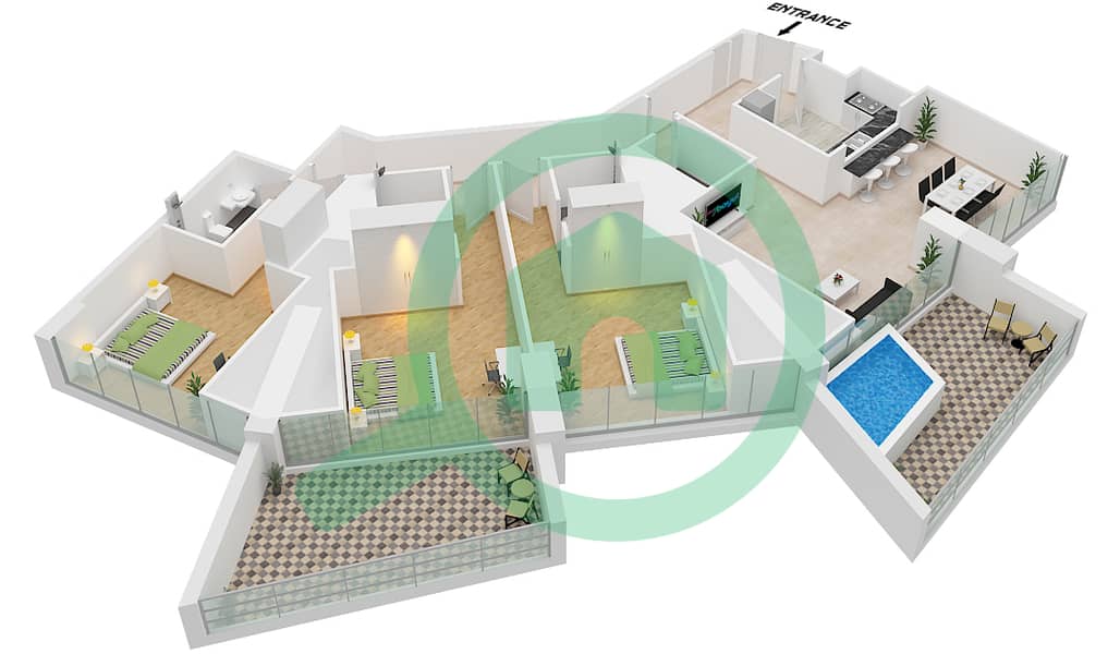 Binghatti Phantom - 3 Bedroom Apartment Type 2 FLOOR 39 Floor plan Type 2 Floor 39 interactive3D