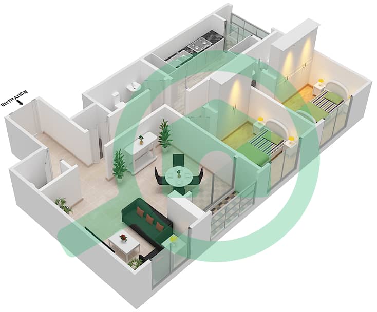 المخططات الطابقية لتصميم الوحدة 09 BLOCK B شقة 2 غرفة نوم - أبراج غلفا Unit 09-Block B interactive3D