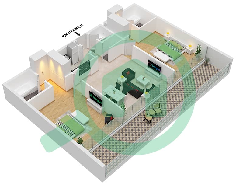 内斯巴 1区 - 2 卧室公寓类型D2 FLOOR 2-4,6戶型图 Type D2 Floor 2-4,6 interactive3D