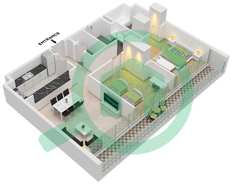 内斯巴 1区 - 2 卧室公寓类型E1 FLOOR 1,3-5,7戶型图 Type E1 Floor 1,3-5,7 interactive3D