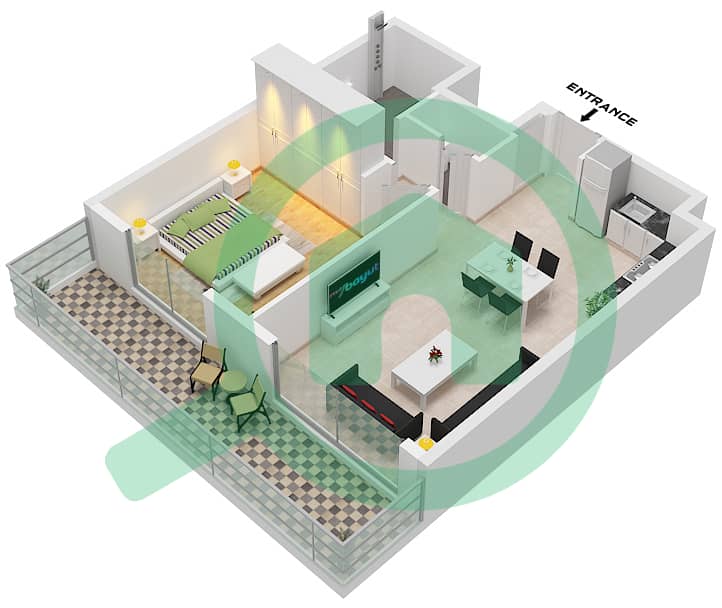 المخططات الطابقية لتصميم النموذج / الوحدة A.3,A.4,A.5 / UNIT 5,6,7M شقة 1 غرفة نوم - ايرين Type A.3,A.4,A.5 Unit 5,6,7M,8M Floor 1 interactive3D