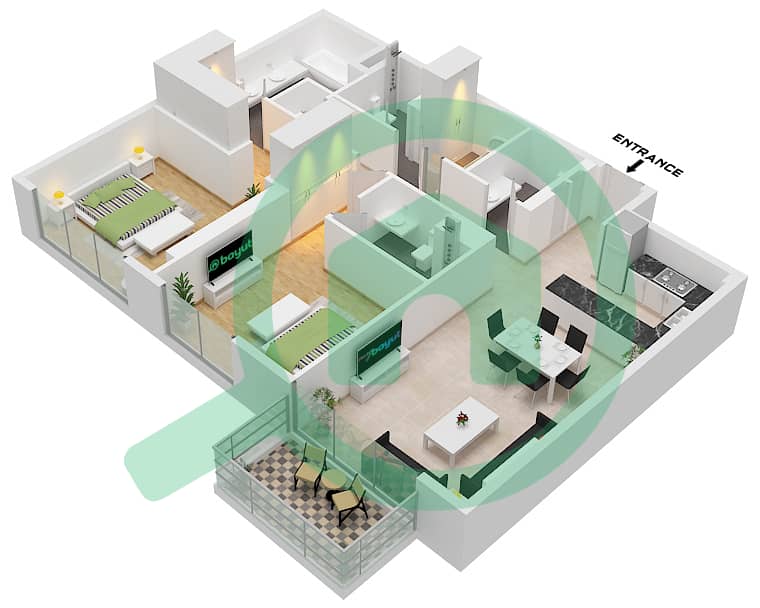 艾琳综合大楼 - 2 卧室公寓类型／单位B.1 / UNIT 11 FLOOR 8-11戶型图 Type B.1 Unit 11 Floor 8-11 interactive3D