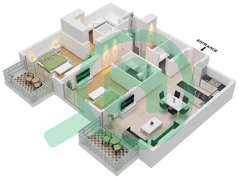 艾琳综合大楼 - 2 卧室公寓类型／单位B.2 / UNIT 12 FLOOR 8-11戶型图 Type B.2 Unit 12 Floor 8-11 interactive3D