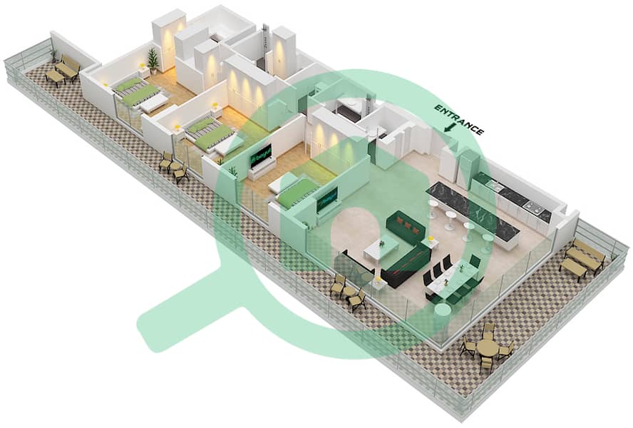 艾琳综合大楼 - 3 卧室公寓类型／单位A.1 / UNIT 17 FLOOR 1戶型图 Type A.1 Unit 17 Floor 1 interactive3D