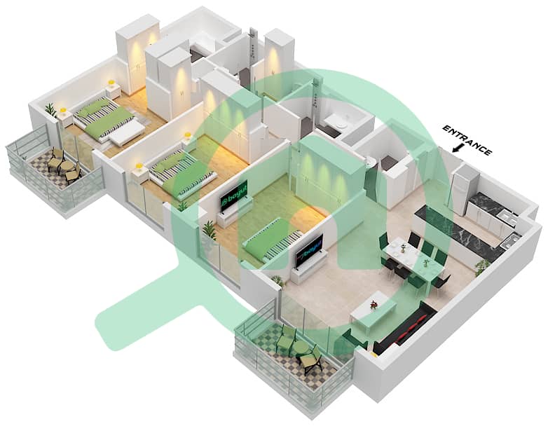 艾琳综合大楼 - 3 卧室公寓类型／单位C.1,C.2/UNIT 14 FLOOR 11戶型图 Type C.1,C.2 Unit 14 Floor 11 
Unit 16M Floor 2-7 
Unit 18 Floor 8-10 
Unit 19 Floor 2-7 interactive3D