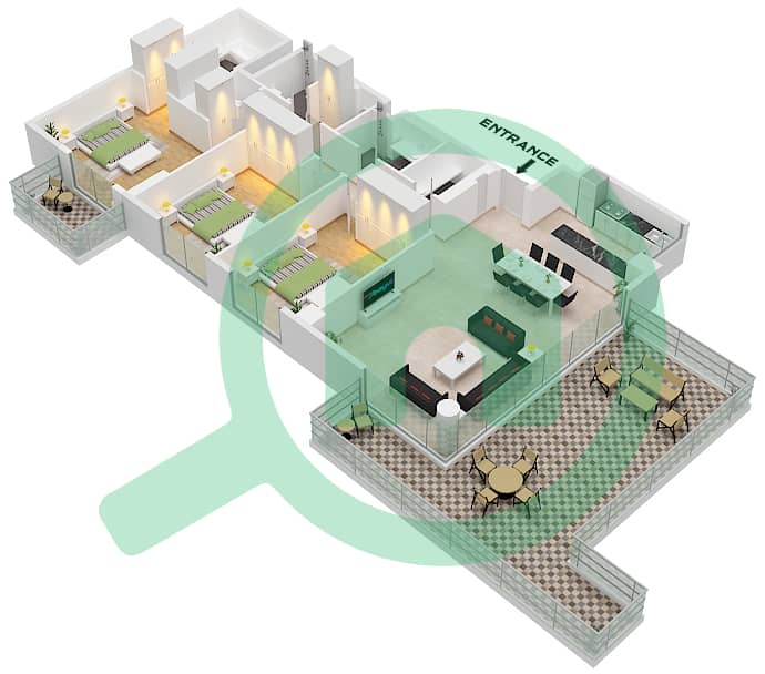艾琳综合大楼 - 3 卧室公寓类型／单位D.1 / UNIT 17 FLOOR 8戶型图 Type D.1 Unit 17 Floor 8 interactive3D
