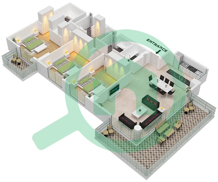 艾琳综合大楼 - 3 卧室公寓类型／单位D.2 / UNIT 17 FLOOR 9-10戶型图 Type D.2 Unit 17 Floor 9-10 interactive3D
