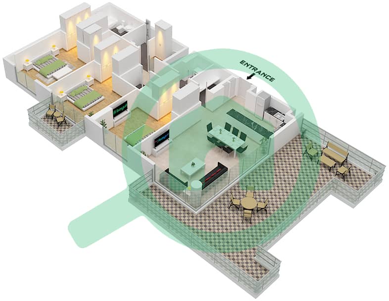 المخططات الطابقية لتصميم النموذج / الوحدة E.1 / UNIT 10 FLOOR 8 شقة 3 غرف نوم - ايرين Type E.1 Unit 10 Floor 8 interactive3D