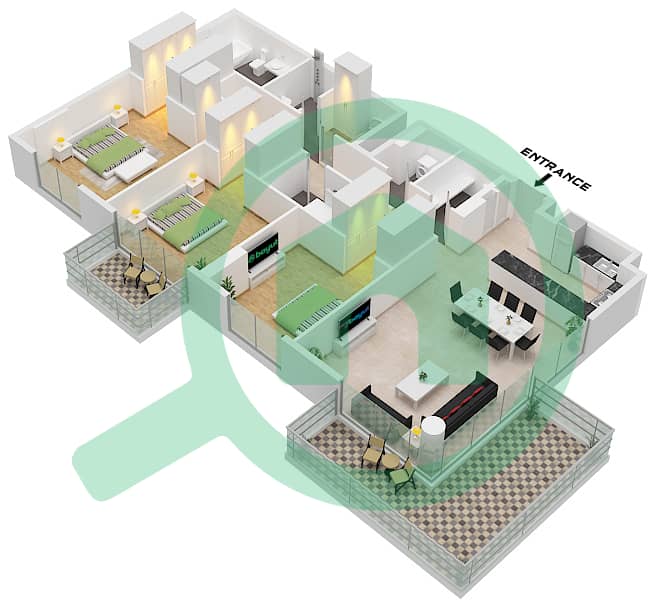 艾琳综合大楼 - 3 卧室公寓类型／单位E.2 / UNIT 10 FLOOR 9-10戶型图 Type E.2 Unit 10 Floor 9-10 interactive3D