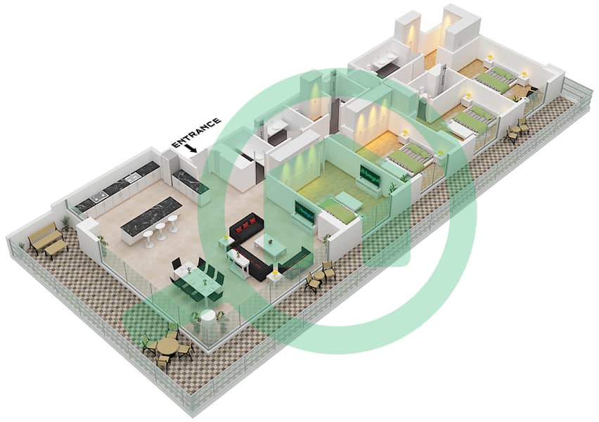 艾琳综合大楼 - 4 卧室公寓类型／单位A.1 / UNIT 16 FLOOR 1戶型图 Type A.1 Unit 16 Floor 1 interactive3D