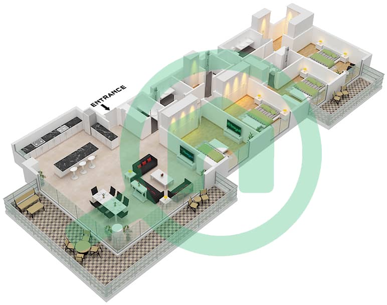 艾琳综合大楼 - 4 卧室公寓类型／单位A.2 / UNIT 17 FLOOR 2-7戶型图 Type A.2 Unit 17 Floor 2-7 interactive3D