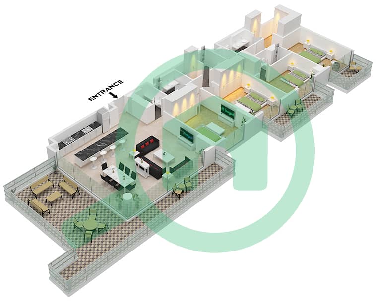 艾琳综合大楼 - 4 卧室公寓类型／单位B.1 / UNIT 16 FLOOR 8戶型图 Type B.1 Unit 16 Floor 8 interactive3D