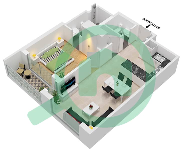 المخططات الطابقية لتصميم النموذج / الوحدة A VARIANT 1 / UNIT 3,5 شقة 1 غرفة نوم - شوبا وان برج A Type A variant 1 Unit 3,5 Floor 8-11,14-17,20-23,27-29,32-35,38-41,44-47 interactive3D