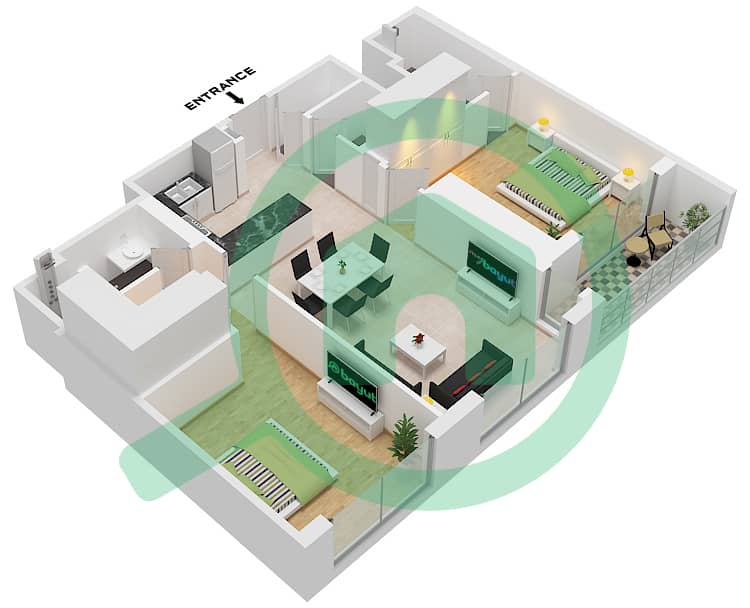 المخططات الطابقية لتصميم النموذج / الوحدة A VARIANT 1 / UNIT 8 شقة 2 غرفة نوم - شوبا وان برج A Type A variant 1 Unit 8 Floor  8-11,14-17,20-23,27-29,32-35,38-41,44-47 interactive3D