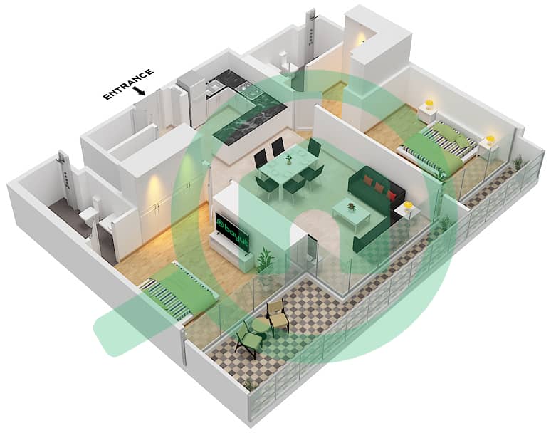 المخططات الطابقية لتصميم النموذج / الوحدة G / UNIT 9 FLOOR 12,18 شقة 2 غرفة نوم - شوبا وان برج A Type G Unit 9 Floor 12,18,24,30,36,42,48 interactive3D