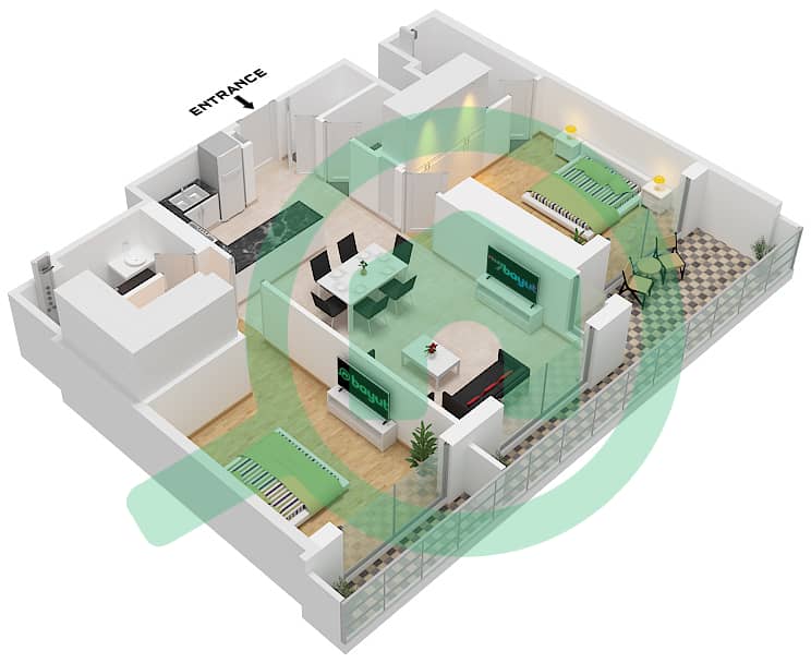 المخططات الطابقية لتصميم النموذج / الوحدة P VARIANT 1 / UNIT 8 شقة 2 غرفة نوم - شوبا وان برج A Type P variant 1 Unit 8 Floor 13,19,31,37,43 interactive3D