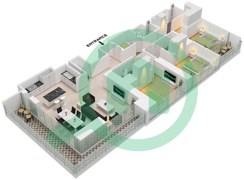المخططات الطابقية لتصميم النموذج / الوحدة A / UNIT 7 FLOOR 8-11 شقة 3 غرف نوم - شوبا وان برج A Type A Unit 7 Floor 8-11,20-23,32-35,44-47 interactive3D