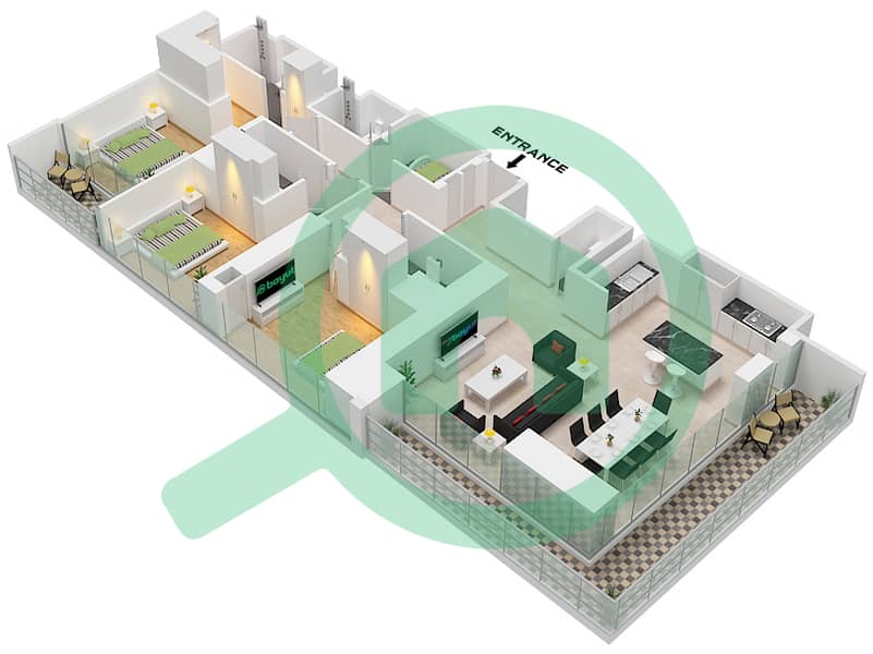 索巴一号大厦 A 座 - 3 卧室公寓类型／单位A VARIANT 1 / UNIT 6戶型图 Type A variant 1 Unit 6 Floor 14-17,27-29,38-41 interactive3D