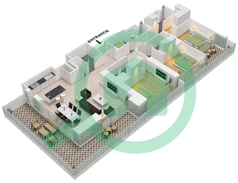 索巴一号大厦 A 座 - 3 卧室公寓类型／单位D / UNIT 7 FLOOR 12,24,36戶型图 Type D Unit 7 Floor 12,24,36,48 interactive3D