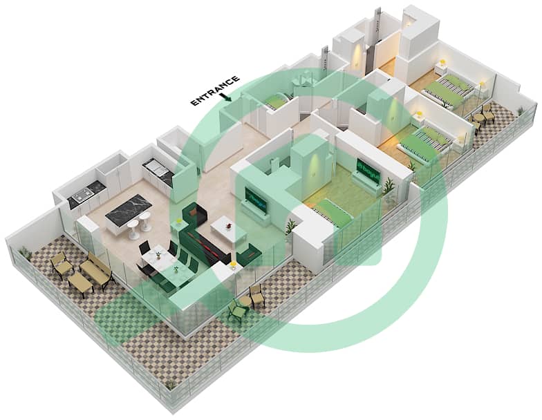索巴一号大厦 A 座 - 3 卧室公寓类型／单位E VARIANT 1 / UNIT 7戶型图 Type E variant 1 Unit 7 Floor 19,31,43 interactive3D