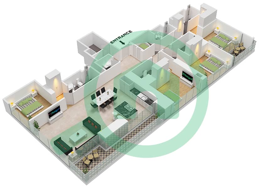 المخططات الطابقية لتصميم النموذج / الوحدة A VARIANT 1 / UNIT 7 شقة 4 غرف نوم - شوبا وان برج A Type A variant 1 Unit 7 Floor 14-17,27-29,38-41 interactive3D