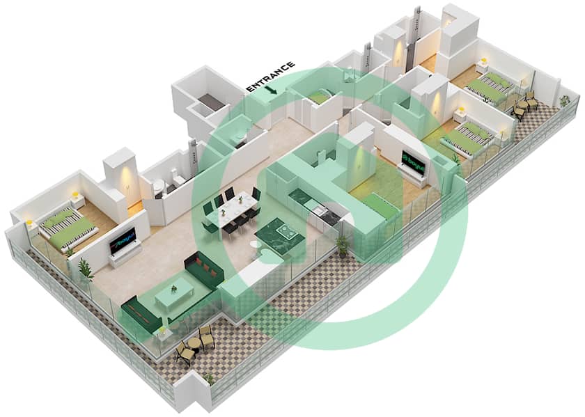المخططات الطابقية لتصميم النموذج / الوحدة B / UNIT 6 FLOOR 13,37 شقة 4 غرف نوم - شوبا وان برج A Type B Unit 6 Floor 13,37 interactive3D