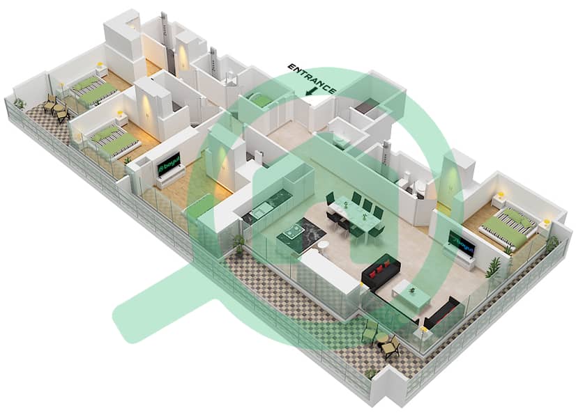 索巴一号大厦 A 座 - 4 卧室公寓类型／单位B VARIANT 1 / UNIT 6戶型图 Type B variant 1 Unit 6 Floor 19,31,43 interactive3D