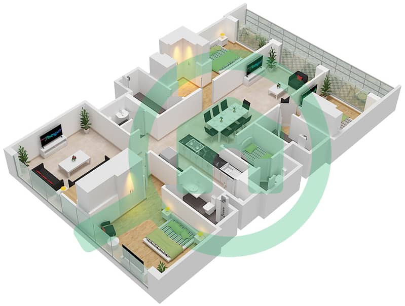 索巴一号大厦 A 座 - 4 卧室公寓类型／单位A VARIANT 1 / UNIT 16戶型图 Type A variant 1 Unit 16 Lower Floor 10,19,22,31,34,43,46 interactive3D