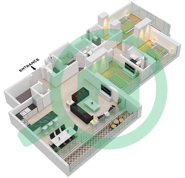 Собха Верде - Апартамент 3 Cпальни планировка Тип/мера A / UNIT 08 FLOOR 33-47 Type A Unit 08 Floor 33-47,53-63 interactive3D