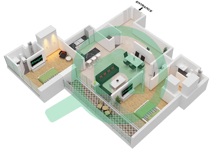 المخططات الطابقية لتصميم النموذج / الوحدة A / UNIT 01 FLOOR 10-33 شقة 2 غرفة نوم - فيردي من شوبا Type A Unit 01 Floor 10-33,37-47,53-63 interactive3D