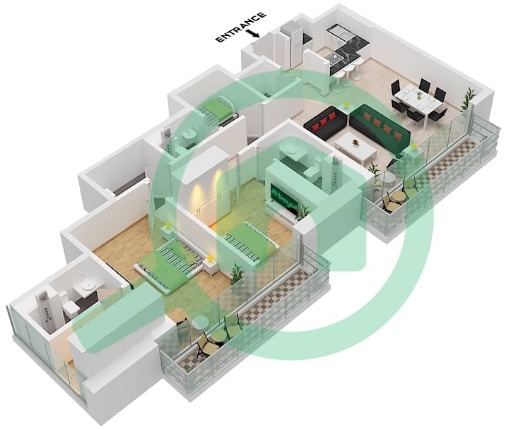 المخططات الطابقية لتصميم النموذج / الوحدة C VARIENT 1 / UNIT 03 شقة 2 غرفة نوم - فيردي من شوبا Type C Varient 1 Unit 03 Floor 10-33,37-47,53-63 interactive3D