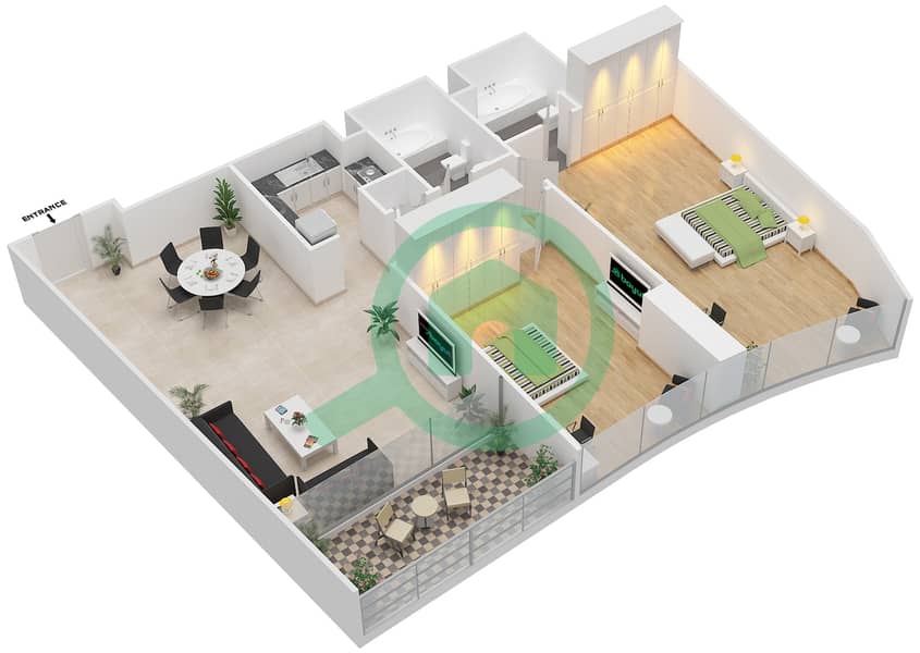 Аджман Корниш Резиденс - Апартамент 2 Cпальни планировка Тип 2D Floor 8 image3D