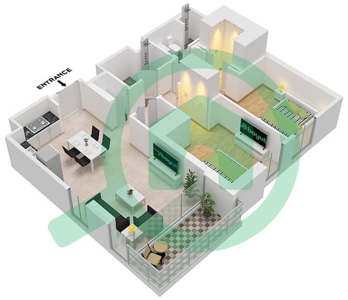 Tower B - 2 Bedroom Apartment Type/unit 1 / UNIT 19,23,21,17 Floor plan Type 1 Unit 19 Floor 2,12,13
Type 1 Unit 23 Floor 3-9
Type 1 Unit 21 Floor 10,11
Type 1 Unit 17 Floor 14,15
Type 1 Unit 15 Floor 16 interactive3D