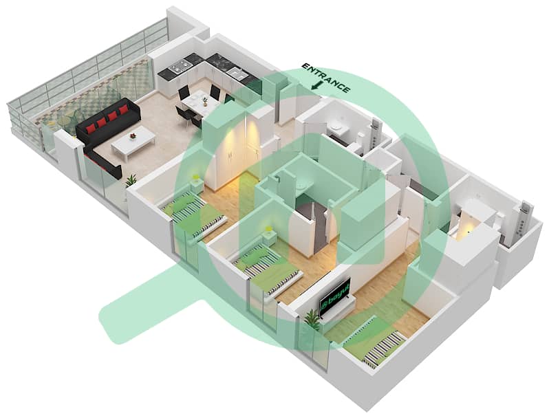 Башня B - Апартамент 3 Cпальни планировка Тип/мера 1/UNIT 17,25,2,32,30 Type 1 Unit 17 Floor 1
Type 1 Unit 25 Floor 2
Type 1 Unit 2,32 Floor 3-8
Type 1 Unit 32 Floor 9
Type 1 Unit 30 Floor 10 interactive3D