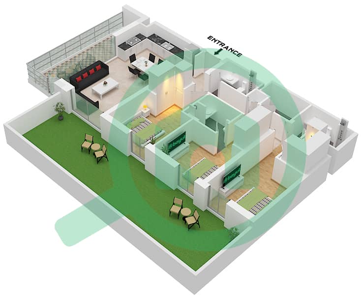 Башня B - Апартамент 3 Cпальни планировка Тип/мера 7 / UNIT 2 Type 7 Unit 2 Floor 2 interactive3D