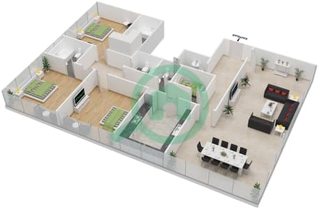 المخططات الطابقية لتصميم النموذج A شقة 3 غرف نوم - برج الأريام