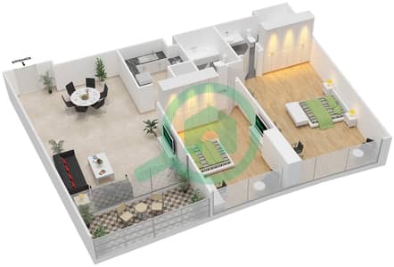 المخططات الطابقية لتصميم النموذج 2D1 شقة 2 غرفة نوم - مساكن كورنيش عجمان
