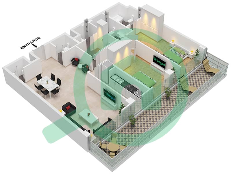 المخططات الطابقية لتصميم النموذج A2 شقة 2 غرفة نوم - ياس بيتش ريزيدنس Type A2 interactive3D