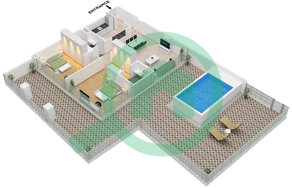 المخططات الطابقية لتصميم النموذج 1-1 شقة 2 غرفة نوم - تريليونير ريزيدنسز من بن غاطي Type 1-1 interactive3D