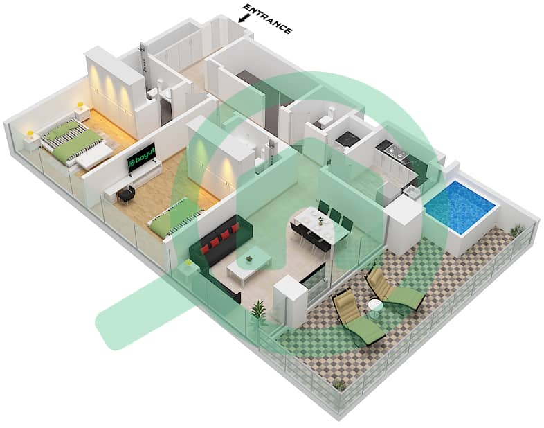 المخططات الطابقية لتصميم النموذج 2-1 شقة 2 غرفة نوم - تريليونير ريزيدنسز من بن غاطي Type 2-1 interactive3D