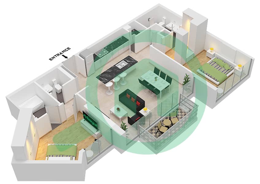 المخططات الطابقية لتصميم النموذج / الوحدة B / UNIT 2-3 FLOOR 1-7 شقة 2 غرفة نوم - أربور ڤيو Type B Unit 2-3 Floor 1-7 interactive3D