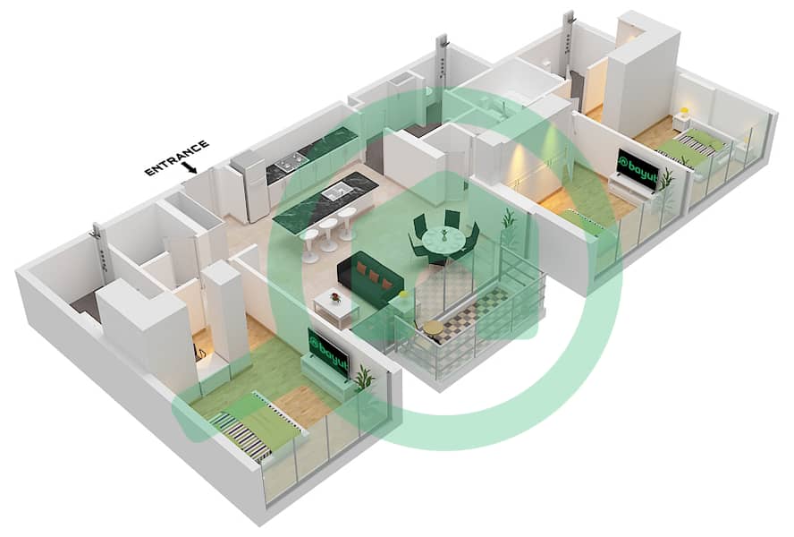 Arbor View - 3 卧室公寓类型／单位A / UNIT 4 FLOOR 1-7戶型图 Type A Unit 4 Floor 1-7 interactive3D