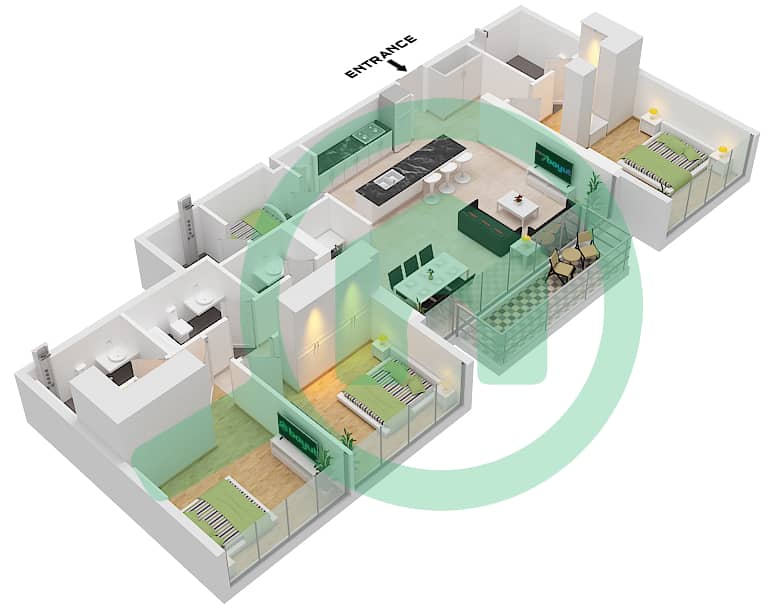 المخططات الطابقية لتصميم النموذج / الوحدة B / UNIT 5 FLOOR 1-7 شقة 3 غرف نوم - أربور ڤيو Type B Unit 5 Floor 1-7 interactive3D