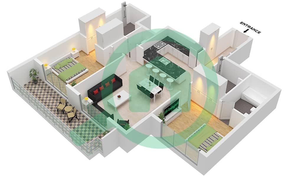 埃林顿府2号 - 2 卧室公寓单位6 FLOOR 1戶型图 Unit 6 Floor 1 interactive3D