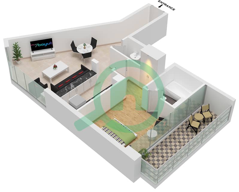 Viridis Tower A - 1 卧室公寓类型／单位1 / UNIT 9, FLOOR 2-13戶型图 Type 1Unit 9, Floor 2-13, Unit 6 Floor 14 interactive3D
