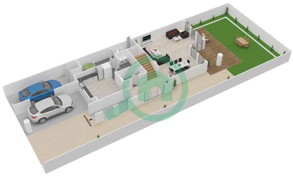 المخططات الطابقية لتصميم النموذج B فیلا 3 غرف نوم - حدائق بلووم Ground Floor image3D