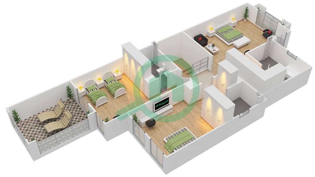 المخططات الطابقية لتصميم النموذج B فیلا 3 غرف نوم - حدائق بلووم First Floor image3D