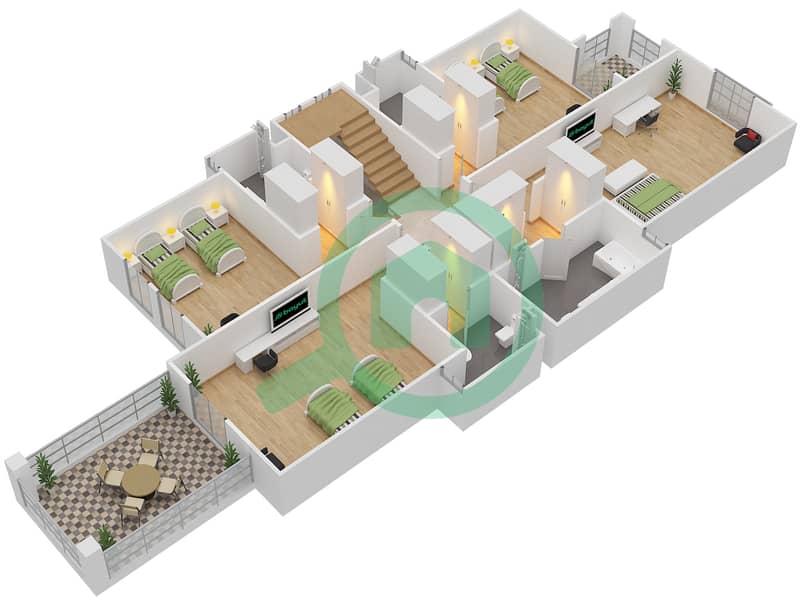 المخططات الطابقية لتصميم النموذج C فیلا 6 غرف نوم - حدائق بلووم First Floor image3D