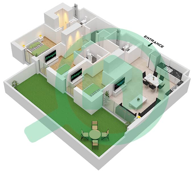 المخططات الطابقية لتصميم النموذج / الوحدة 6 / UNIT 9 شقة 3 غرف نوم - برج A Type 6 Unit 9 Floor 2 interactive3D