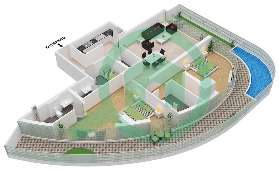 المخططات الطابقية لتصميم الوحدة 13 FLOOR 1-8,10,11 شقة 2 غرفة نوم - تروساردي ريزيدنسز Unit 13 Floor 1-8,10,11 interactive3D